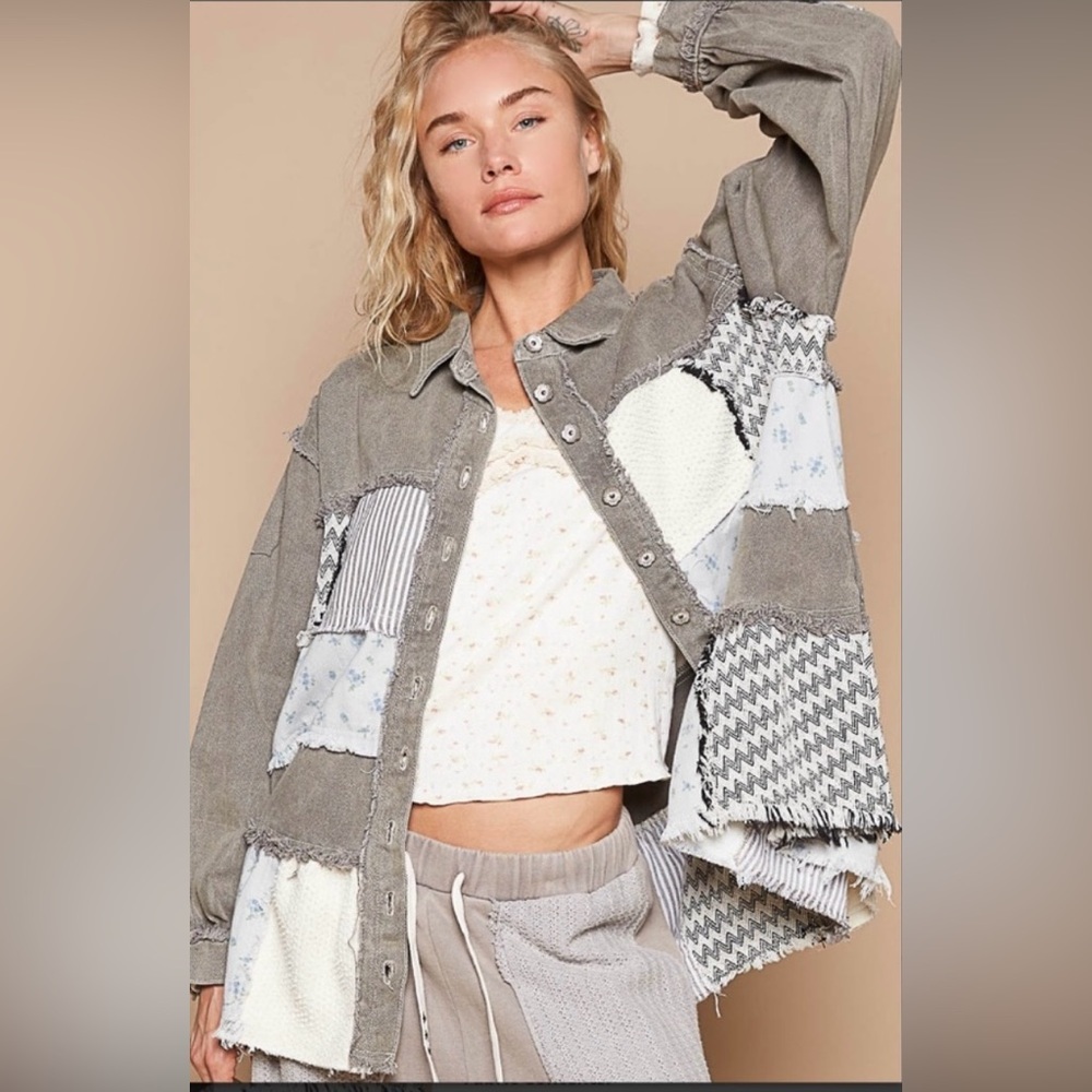 NEW POL Gray Jacket with Patchwork Design and Textured Fabric Size Small